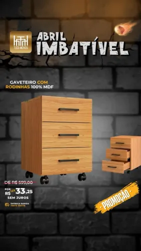 Gaveteiro com rodinhas 100%MDF 