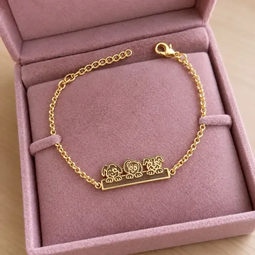PULSEIRA PINGENTE TRÊS CACHORROS FOLHEADO OURO 18K