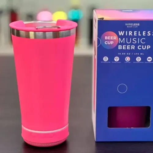 Copo Térmico Inox Rosa com Caixa de Som Bluetooth LED 473ml