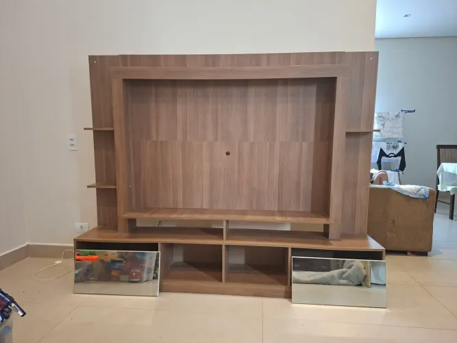 Rack Estante com Painel TV 65" e Espelho Oslo Multimóveis Madeirado/Branco