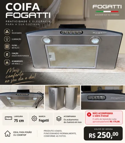 Coifa Fogatti 75 cm Inox - Funcionando - Sem Vidro
