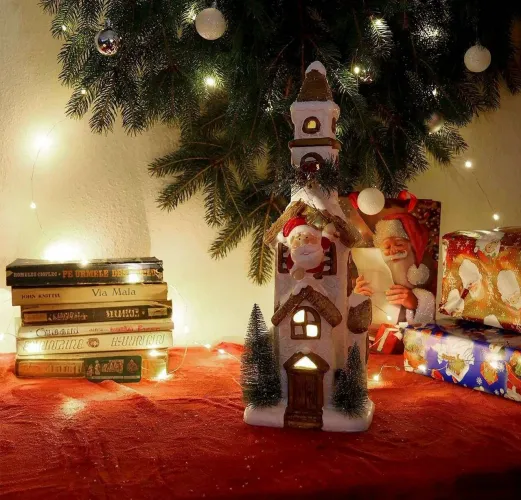 Enfeite Decorativo Natal Igreja Com Papai Noel Iluminação LED