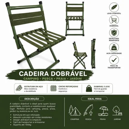 Cadeira Dobrável Camping Pesca Praia Jardim em Aço Reforçado Verde