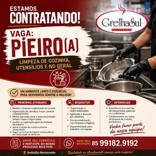 VAGA: PÍEIRO / AUXILIAR DE LIMPEZA DE COZINHA