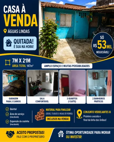 Vendo casa nas Águas lindas Quitada, 3 quartos.