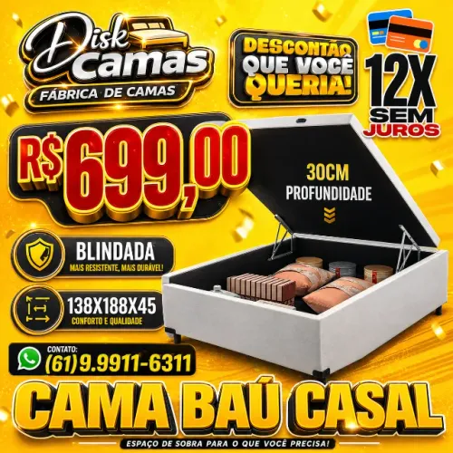 CAMA BAÚ CASAL COM BAÚ DE 30CM E ESTRUTURA BLINDADA POR R$699!