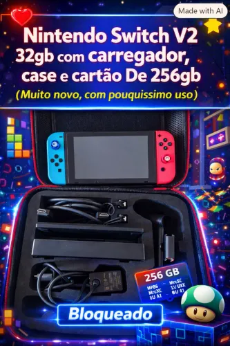 Nintendo Switch V2 32gb com carregador, Case e Cartão De 256gb