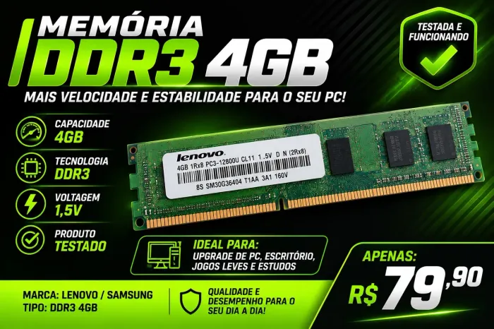 Memória RAM DDR3 4GB 1600MHz Desktop Testada Lenovo/Samsung