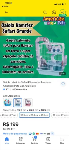 Gaiola hamister casinha rato