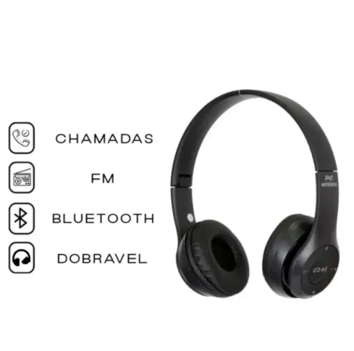 Fone P47 preto Headphone Sem Fio Estéreo Redução de Ruídos Bluetooth 5.0 Universal