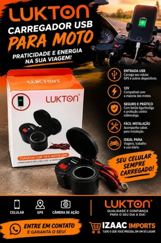 Carregador USB para Moto 12V - Tomada USB + Carregador GPS/Celular