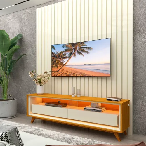 Painel Nobre 140 Off White + Rack Requinte Pés Madeira s543