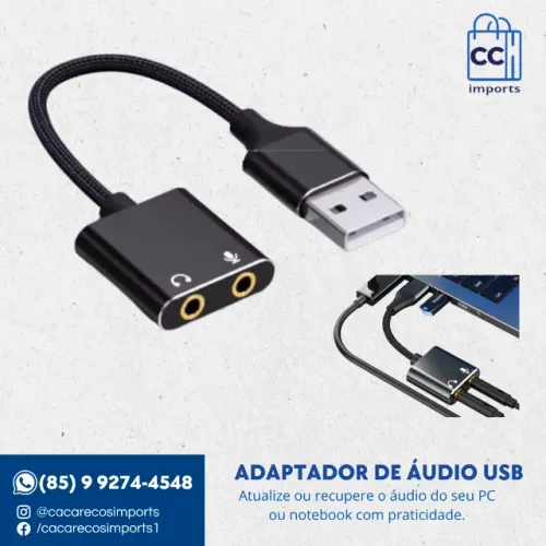 Adaptador de Áudio USB - Entrada para Fone e Microfone (P2)
