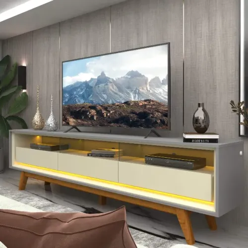 12X SEM JUROS - RACK 100% MDF COM 3 GAVETAS, LED E PÉS EM MADEIRA MACIÇA