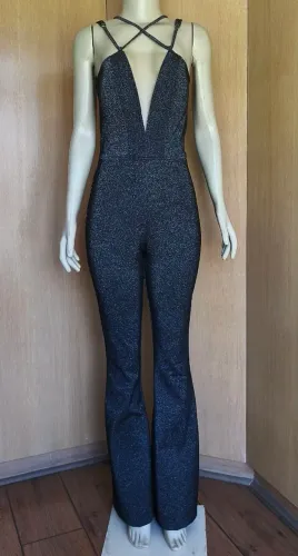 Macacão Flare Lurex Preto