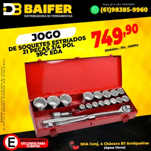 Jogo de Soquetes Estriados 3/4 Pol 21 Peças 9PC EDA