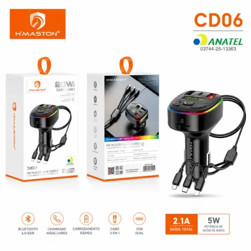 Transmissor FM Bluetooth Veicular H?Maston CD06 USB Dual Cabo 3 em 1 RGB LED pode retirar 