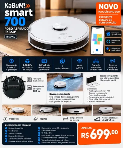 Robô Aspirador KaBuM! Smart 700 Branco - Laser 360° - Pouquissimo Uso