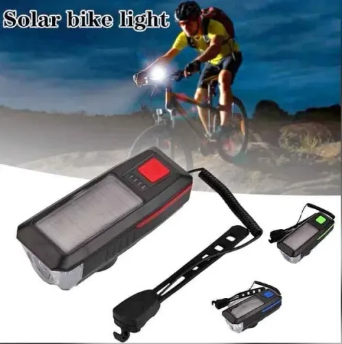 Farol de Bike recarregável Solar/USB com 3 modos LED e buzina integrada