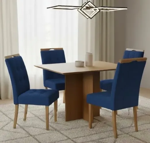 Conjunto Capri 4 Lugares Imbuia com Cadeiras Estofadas Azul