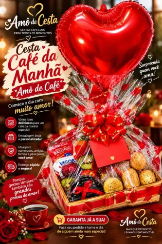 Cesta Café da Manhã Romântica Com Balão Gigante Mensagem Personalizada.