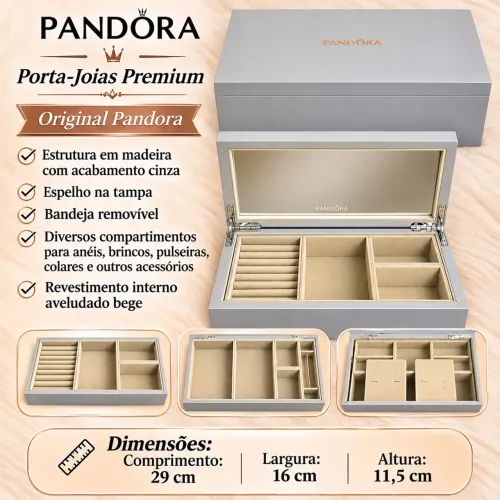 PORTA-JOIAS PANDORA ORIGINAL DE MADEIRA - CINZA - COM ESPELHO E BANDEJAS REMOVÍVEIS