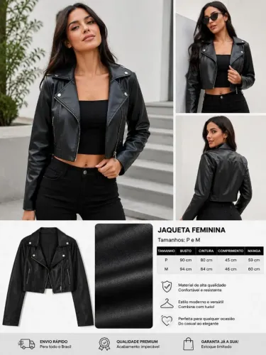 Jaqueta Feminina Couro Fake Cropped Preta P e M - Estilo Biker - NOVA