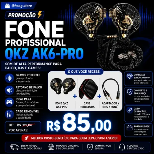 Fone Profissional QKZ AK6 Pro+Case+Adaptador Y /GRAVE FORTE <br>?GRAVE FORTE |<br>?OFERTA R$85
