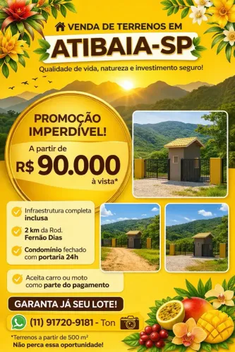LINDOS TERRENOS EM ATIBAIA, TERRENOS A PARTIR DE 500 MT, DENTRO DE CONDOMINIO FECHADO.