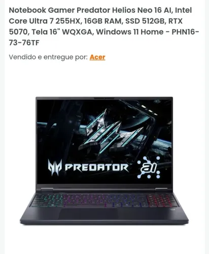 Notebook predator helios neo 16 iA R$ 7999