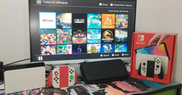 Nintendo Switch OLED Completo + Zelda BotW (Físico) + Acessórios