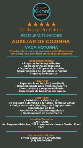 Auxiliar de cozinha noturno unidade Campeche 
