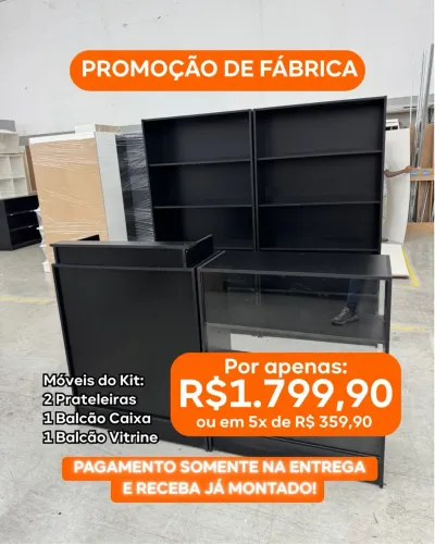 Balcão Caixa + Expositor Vitrine + Kit Estante Adega MDF