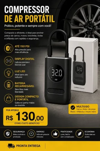 Compressor de Ar Portátil Digital Recarregável