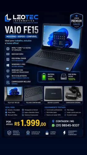 Notebook VAIO FE15 i5 10ª Geração 8GB SSD e256GB Windows 11 Pro