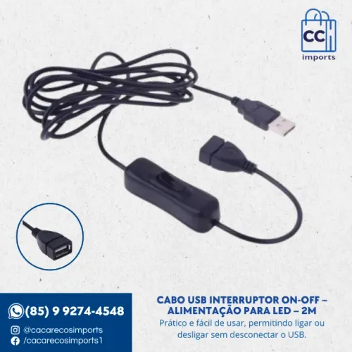 Cabo USB Interruptor On-Off - Alimentação para LED - 2m