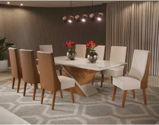 Mesa de Jantar Premium com Tampo de Vidro e 8 Cadeiras