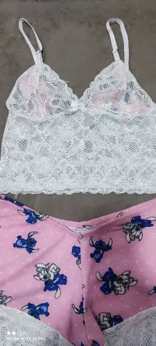 Baby Doll Lilo e Stitch rosa e branco de renda