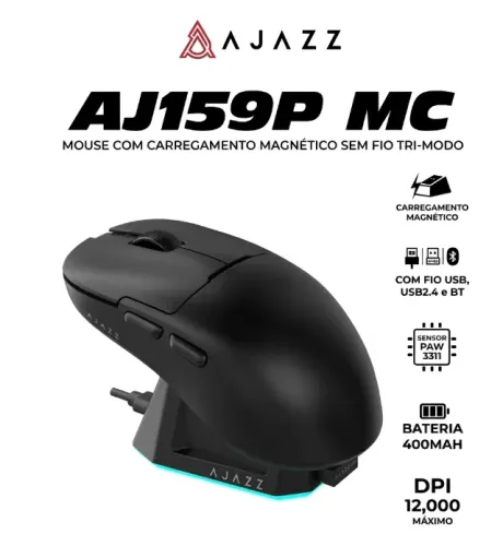 Mouse Gamer sem fio AJAZZ AJ159P MC Base Magnética melhor que attack shark x11 pmw 3311