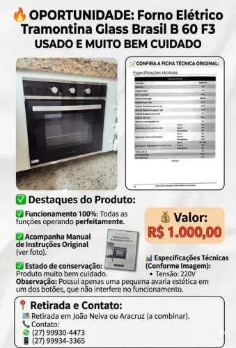 Forno Eletrico de Embutir Tramontina Glass Brasil B 60 F3 220V Com Manual