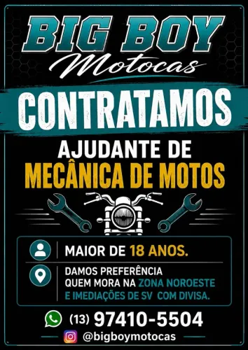 Precisamos de ajudante de mecânica de motos. Preferência a quem já tem expeiência.a