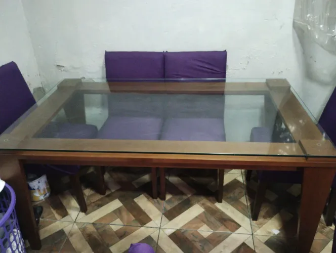 Mesa madeira com tampo de vidro 6 lugares