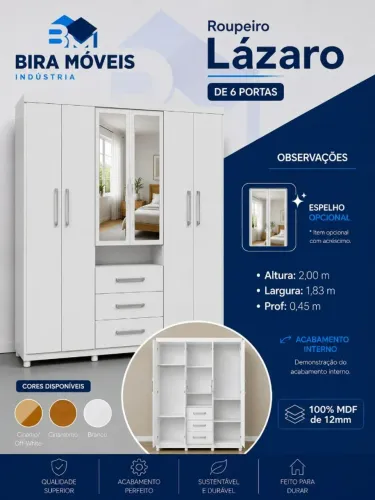 Roupeiro Lázaro Branco: Espaço, Elegância e Organização em um Só Móvel