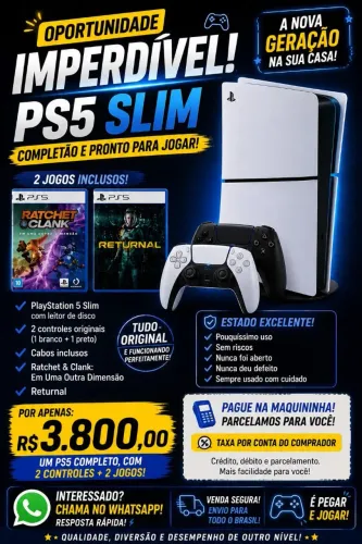 ? PS5 Slim com Disco + 2 Controles + 2 Jogos - Estado de Novo