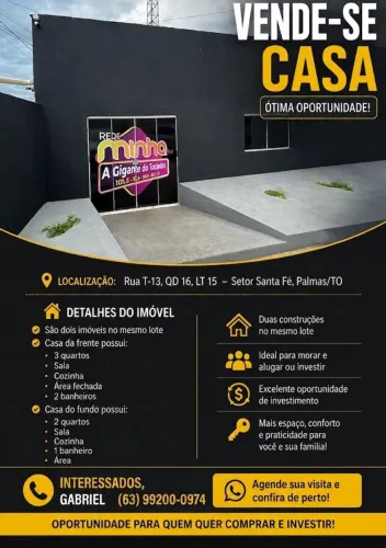 Imóvel Duplo para Investimento no Setor Santa Fé - Palmas/TO