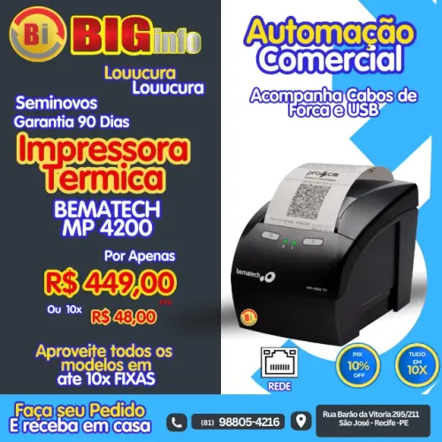 Impressora Térmica de Cupom Não Fiscal Bematech MP 4200 HS (USB/Ethernet/Serial)