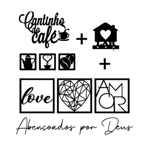 ?Kit 6 Placas Decorativas + 2 Letreiros Cantinho do Café e Abençoados Por Deus + Porta Cha