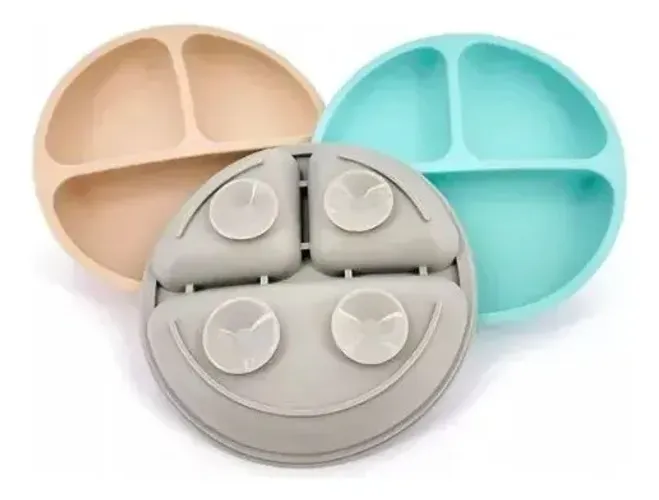 Prato Infantil Silicone Ventosa 3 Divisórias BPA Free Bebê Rosa Novo