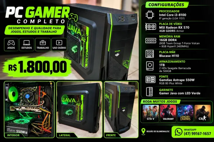 PC Gamer i3 8100 | RX 570 4GB | 16GB RAM | 1TB HD