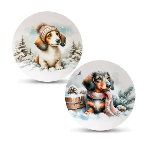 Jogo 6 Pratos De Pão Porcelana Branca Dachshunds No Inverno